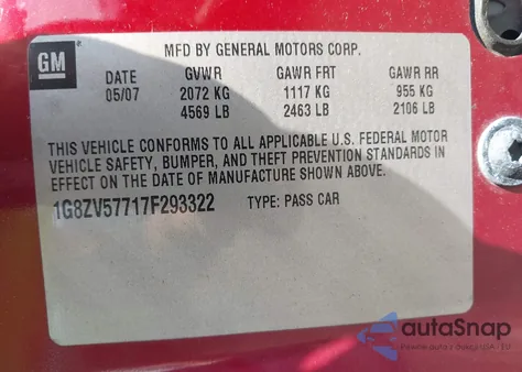 2007 Saturn Aura Xr z USA, uszkodzony, nr VIN 1G8ZV57717F293322